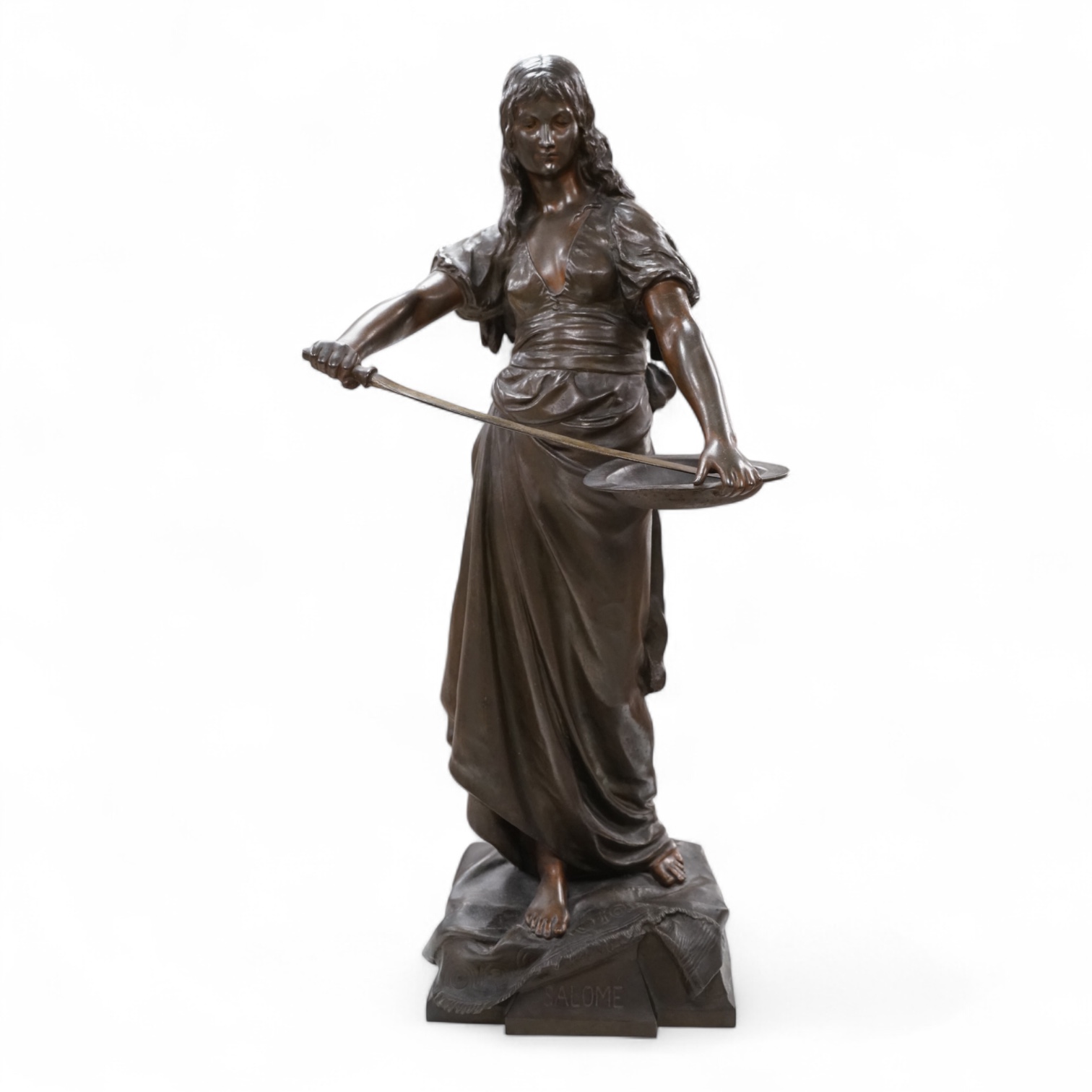 A large French patinated spelter figure of Salome, late 19th century, 75cm high